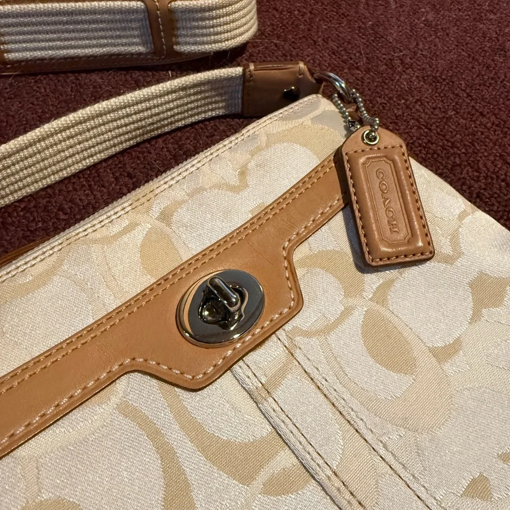 Coach Cream Signature Crossbody Bag with Tan Trim